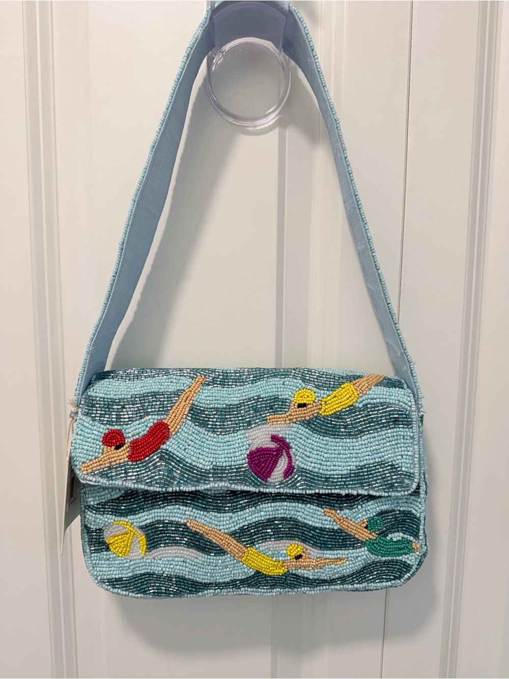 Sol and Mer…. Hand-Beaded Swimmer Shoulder Bag in Light Blue